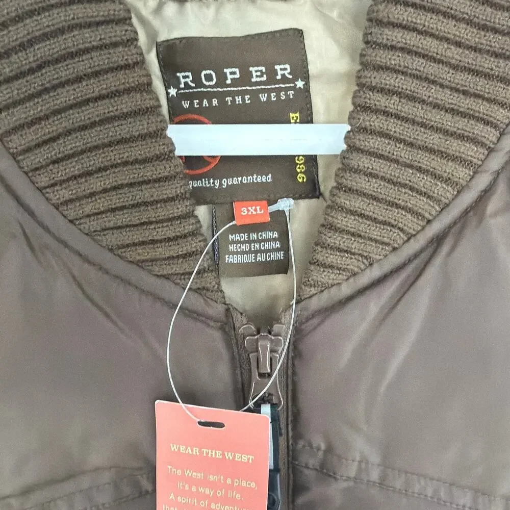 Roper Men's Brown Poly-filled Quilted Logo Zip Western Vest Size 3XL